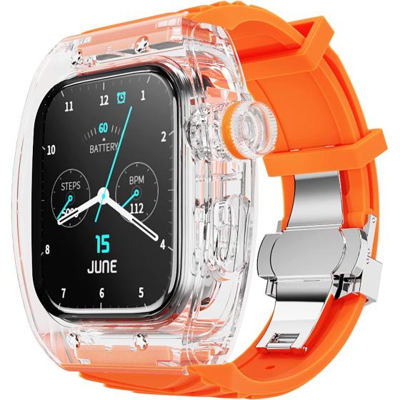 WITEBOCS Luxury Transparent Hard Case for Apple Watch Series 4 5 6 7 8 & SE - 44mm or 45mm, Designer Silicone Band, Military Grade Protection with Rugged Bumper and Full Coverage, Lightweight and Crystal Clear