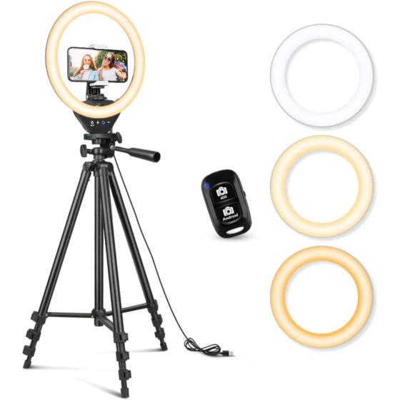 Sensyne 10'' Ring Light with 50'' Extendable Tripod Stand, LED Circle Lights with Phone Holder for Live Stream/Makeup/YouTube Video/TikTok, Compatible with All Phones