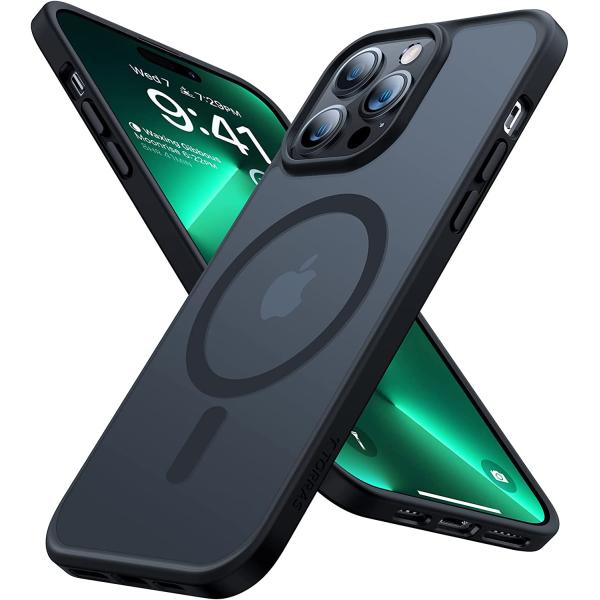 TORRAS Magnetic Designed for iPhone 14 Pro Case, Military Grade Drop Tested, Compatible with MagSafe, Slim Protective Matte Silicone for iPhone 14 Pro Phone Case, 6.1", Translucent Back/Black Edge