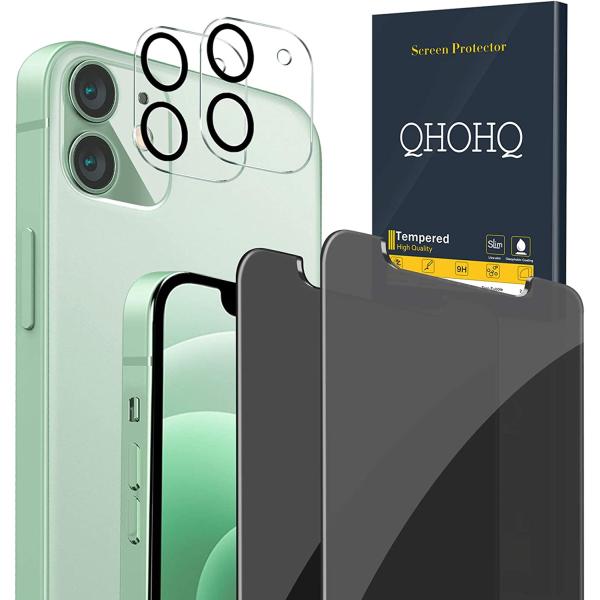 QHOHQ 2 Pack Privacy Screen Protector for iPhone 12 6.1" with 2 Packs Camera Lens Protector,Full Screen Tempered Glass Film,9H Hardness Anti-Shatter, Anti Spy, Touch Sensitive - Case Friendly