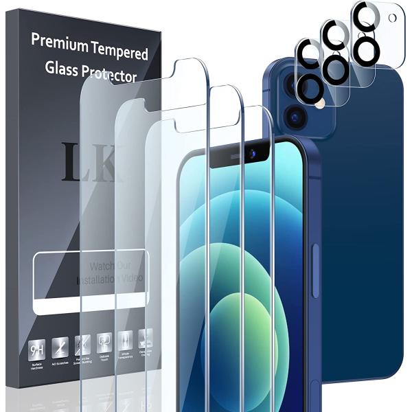 [3+3+1] LK 3 Pack iPhone 12 Screen Protector + 3 Pack Lens Protector with Alignment Frame, [9H] Tempered Glass, Scratch-Proof, Bubble-Free, Smooth Touch Screen Protector for iPhone 12, Clear, 6.1-inch