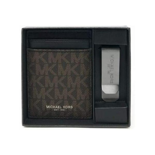 Michael Kors Mens Money Clip & Leather Card Case, Brown/Black