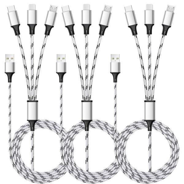 Multi Charging Cable, 5ft 3Pack Multi Charger Cable Nylon Braided Multiple USB Cable Universal 3 in 1 Charging Cord Adapter with Type-C, Micro USB Port Connectors for Cell Phones and More