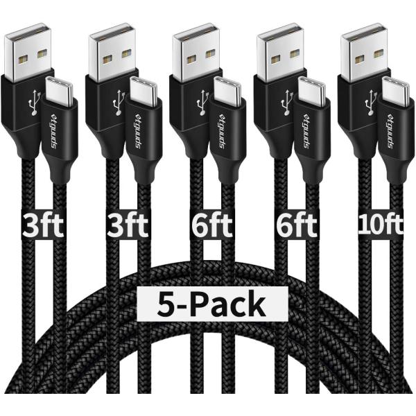 etguuds USB Type C Cable Fast Charging, [5-Pack, 3/3/6/6/10 ft] USB A to USB C Charger Cord Braided Compatible with Samsung Galaxy Note 20 10 9, S20 S10E S10 S9, A71 A70 A51 A50 A41 A21 A20e A20 A10e
