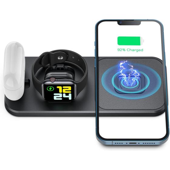 XICPU Portable and Foldable 3 in 1 Wireless Charging Station, Fast Wireless Charger Stand for Apple Watch iPhone AirPods Black