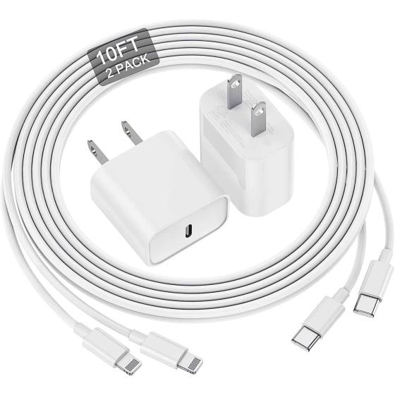 iPhone 14 13 12 11 Fast Charger, [MFi Certified] 10 FT Long USB C to Lightning Cable with 20W USB C Apple Rapid Charging Block, Adapter for iPhone 13 12 11 Pro/Mini/Pro Max/X/8/iPad, 2 Pack