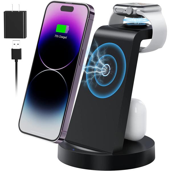 Wireless Charging Station, 3 in 1 Wireless Charger for iPhone 14/13/12/11/Pro/Max/SE/XS/XR/X/8 Plus/8, Fast Wireless Charging Stand Dock for Apple Watch Series & Airpods(with Adapter)