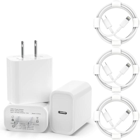 3 Pack iPhone Fast Charger [Apple MFi Certified], 20W PD USB C Wall Charger Adapter with 3 Pack 6FT Type C to Lightning Cable Compatible with iPhone 14/13/13 Pro/12/12 Mini/Pro/Pro Max and More-White