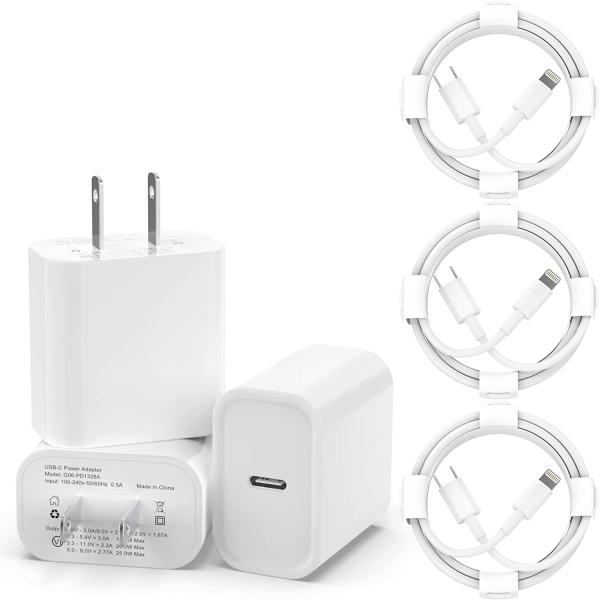 3 Pack iPhone Fast Charger [Apple MFi Certified], 20W PD USB C Wall Charger Adapter with 3 Pack 6FT Type C to Lightning Cable Compatible with iPhone 14/13/13 Pro/12/12 Mini/Pro/Pro Max and More-White