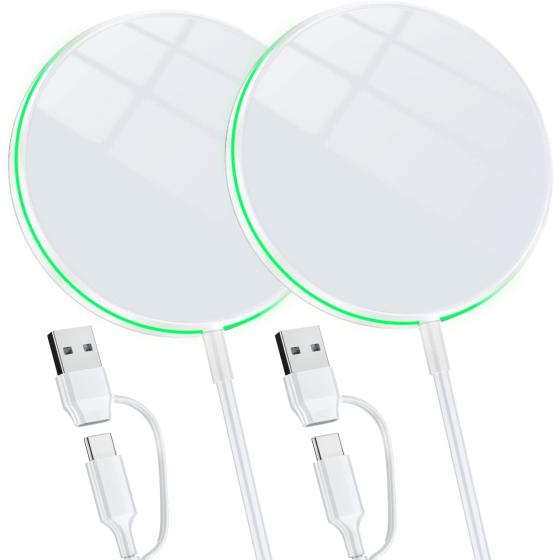 2 Pack Magnetic Wireless Charger 15W Fast Apple Mag-Safe Charger for iPhone 14/13/12 Series Magnet Wireless Charging Pad for AirPods 3/2/Pro Mag Safe Charger with 5ft Dual Charging Port Cable