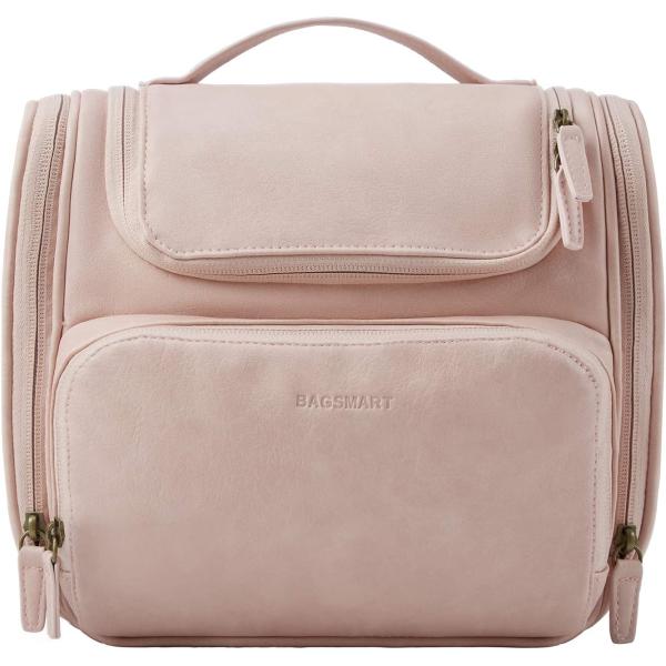 BAGSMART Toiletry Bag, Travel Leather Dopp Kit for Women with Hanging Hook, Water-resistant Large Travel Organizer Kit for Toiletries, Full Sized Container, Make Up Accessories (Pink)