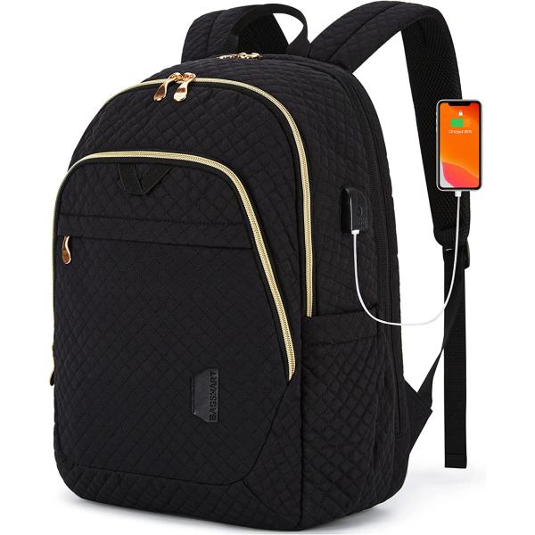 BAGSMART Travel Laptop Backpack Women, 15.6 Inch Anti Theft Laptop Backpack with USB Charging Port Water Resistant Casual Daypack College School Bookbags Computer Backpack for Work, Quilted Black