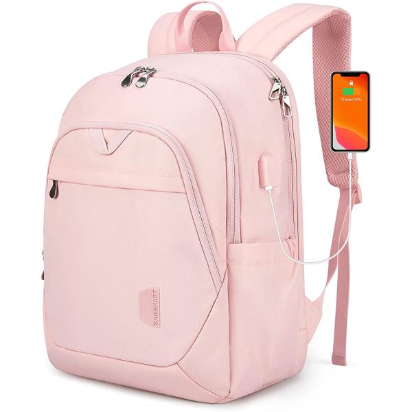 BAGSMART Travel Laptop Backpack Women, 15.6 Inch Anti Theft Laptop Backpack with USB Charging Port Water Resistant Casual Daypack College School Bookbags Computer Backpack for Work, Pink