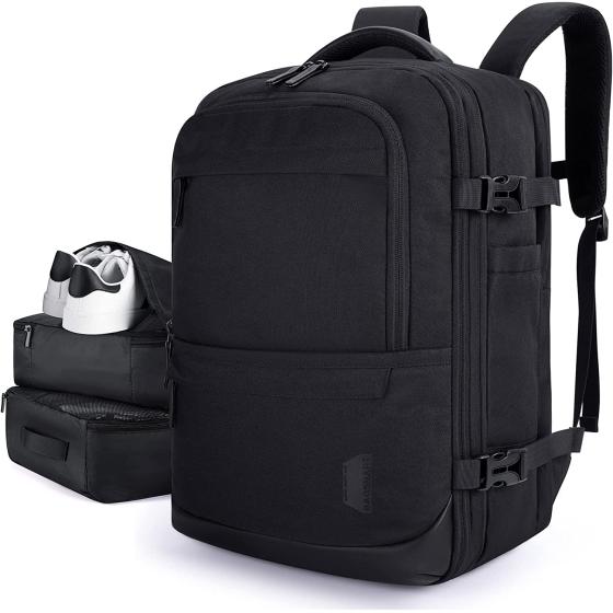 BAGSMART Travel Laptop Backpack, 40L Expandable Airline Approved Carry On Backpack, 17 Inch Luggage Backpack Suitcase with Packing cubes, Water Resistant Weekender Black Backpack with Shoe Bag, Black