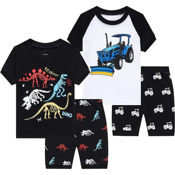 Benaive Pajamas for Boys, Pjs for Boy Cotton Summer Pajama, 4-Piece Children Shorts Set