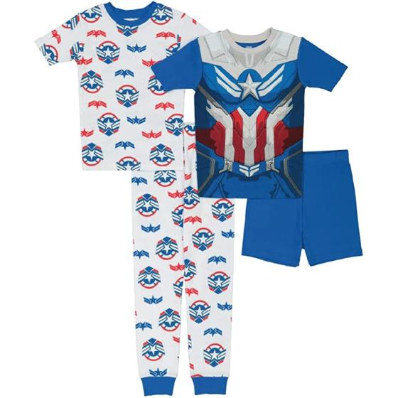 Marvel Boys' Avengers | Black Panther | Captain America | Thor | Spider-Man 4-Piece Snug-fit Cotton Pajamas Set