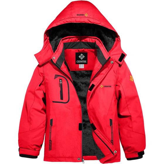 GEMYSE Boy's Waterproof Ski Snow Jacket Fleece Windproof Winter Jacket with Hood