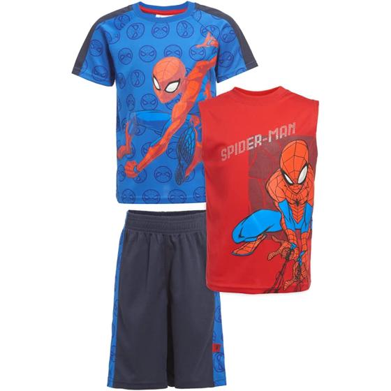 Marvel Avengers and Spider-Man Boys Superhero Short Sleeve T-Shirt, Tank Top and Mesh Shorts Set