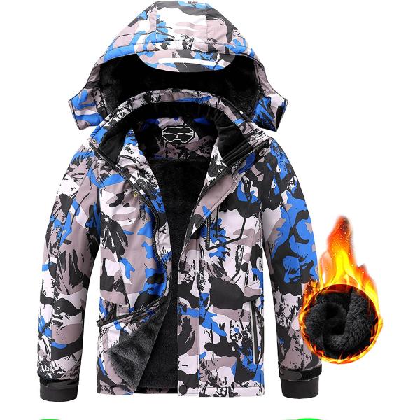AFILOK Boy's Ski Jacket Waterproof Breathable Kids Fleece Lined Windproof Hooded Snowboard Coats