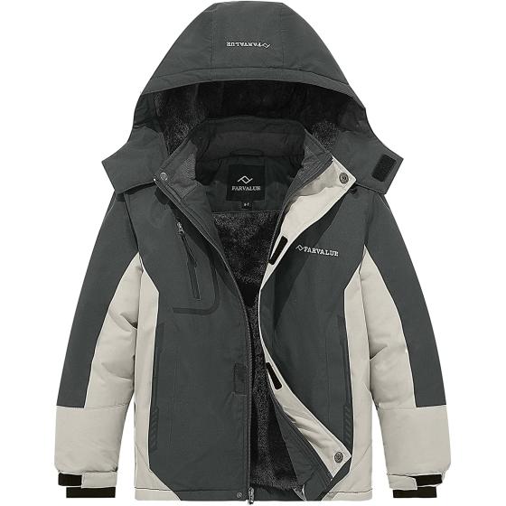 FARVALUE Boys Waterproof Ski Jacket Windproof Winter Coat Warm Snow Coat Outdoor Raincoats with Removable Hood