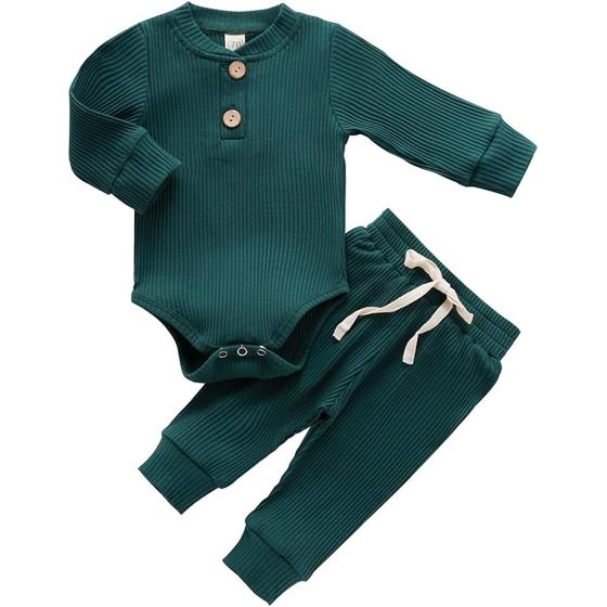Newborn Baby Boy Girl Clothes Ribbed Knitted Cotton Long Sleeve Romper Long Pants Solid Color Fall Winter Outfits