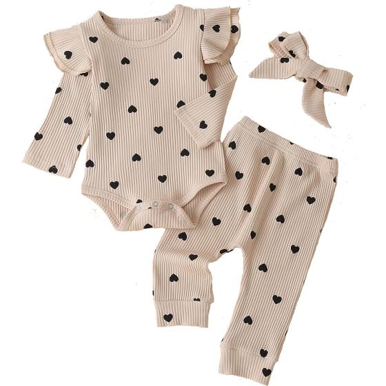 Fullfamous Baby Girl's 3pc Rib Frill Long Sleeve Romper and Pant Set
