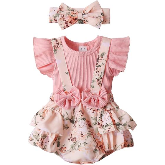 Newborn Baby Girl Clothes Infant Romper Floral Suspender Dress Ruffle Sleeve Onesie Outfit Jumpsuit Headband Spring Summer