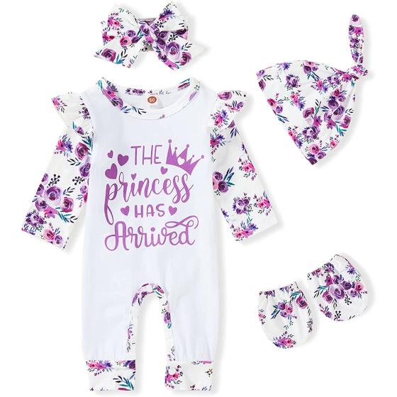GRNSHTS Baby Newborn Girl Romper Infant Letter Print Bodysuit Jumpsuit+Hat+Headband Coming Home Clothes Outfit Set