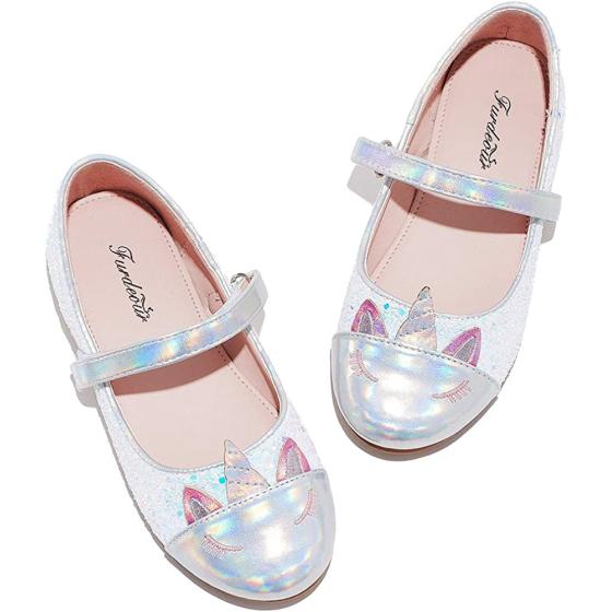 Furdeour Girls Dress Shoes Mary Jane Flower Wedding Party Bridesmaids Shoes Glitter Princess Ballet Flats for Kid Toddler