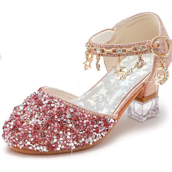 Furdeour Girls Sandals Glittler Bow Dress Shoes Princess Crystal High Heels Party Wedding Flower Girls Shoes for Kid Toddler