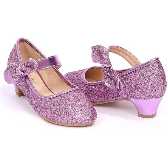 ADAMUMU Girls Dress Shoes Princess High Heel Mary Jane Glitter Shoes in Wedding Party for Toddler Little Big Girl with Bowknot Flower Velcro