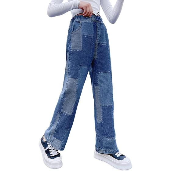 Rolanko Girls Jeans Denim Elastic Wasit Wide Leg Baggy Pants Kids Clothes 4-14 Years