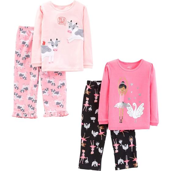 Simple Joys by Carter's Girls and Toddlers' 4-Piece Pajama Set (Cotton Top & Fleece Bottom)