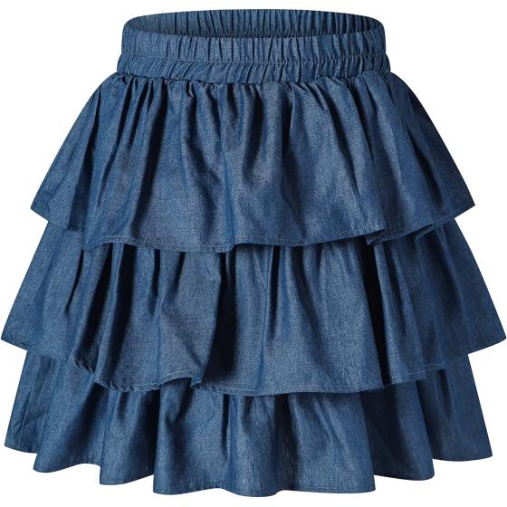 Girls Skater Skirt Denim Solid Color Denim Skirt with Lace Hem
