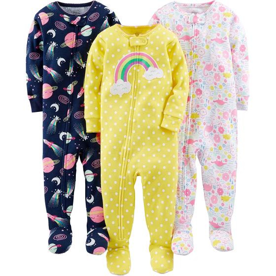 Simple Joys by Carter's Toddlers and Baby Girls' Snug-Fit Footed Cotton Pajamas, Pack of 3