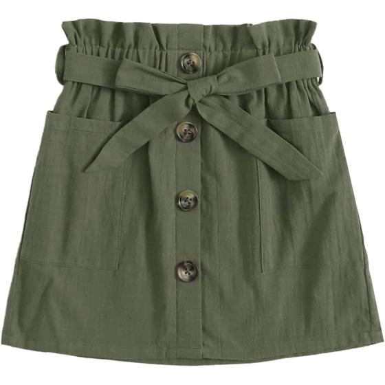 SOLY HUX Girl's Paper Bag Waist Button Front Pocket A Line Belted Skirt