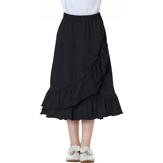 DOTDOG Girls' Tiered Ruffle Midi Skirts Soft Cotton Maxi Skirts with Waistband Waist for Girls 3-12 Years