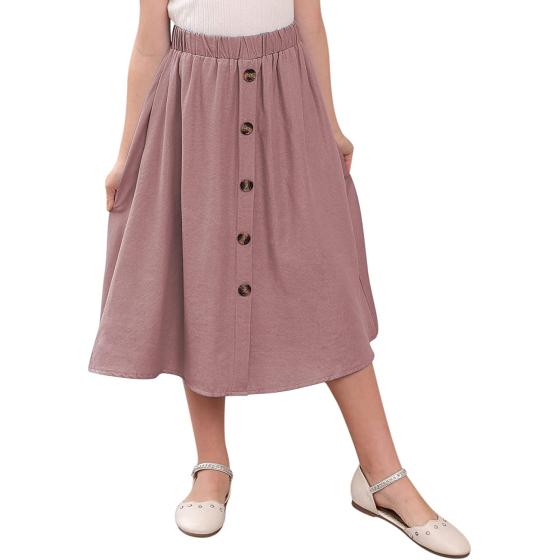 GORLYA Girls A-Line Elastic High Waist Pleated Swing Maxi Skirt with Pockets for 4-14T