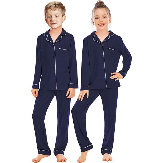 Veseacky Unisex Girls Boys Pajamas Long Sleeve Sleepwear Button-Down 2 Pcs Pjs Set for 5-14 Years