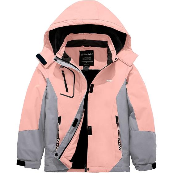 Wantdo Girl's Waterproof Ski Jacket Hooded Fleece Winter Snow Coat Windproof Raincoats Lightweight Outwear