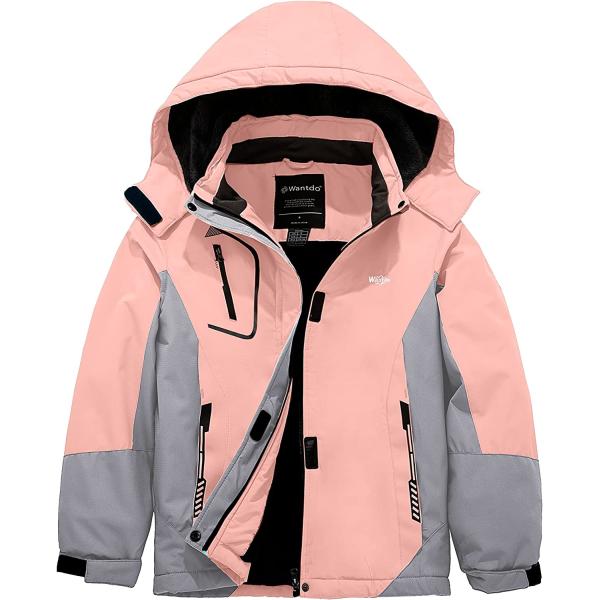 Wantdo Girl's Waterproof Ski Jacket Hooded Fleece Winter Snow Coat Windproof Raincoats Lightweight Outwear