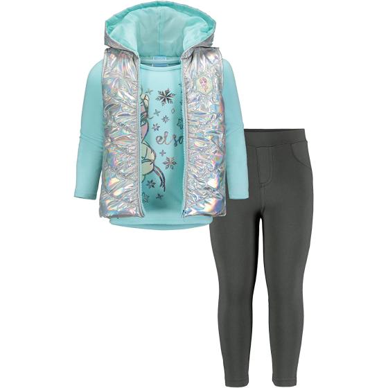 Disney Frozen Princess Anna Queen Elsa Girls Zip Up Vest Puffer T-Shirt and Leggings 3 Piece Set Toddler to Big Kid