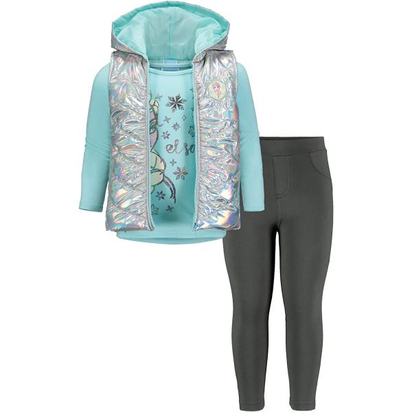 Disney Frozen Princess Anna Queen Elsa Girls Zip Up Vest Puffer T-Shirt and Leggings 3 Piece Set Toddler to Big Kid