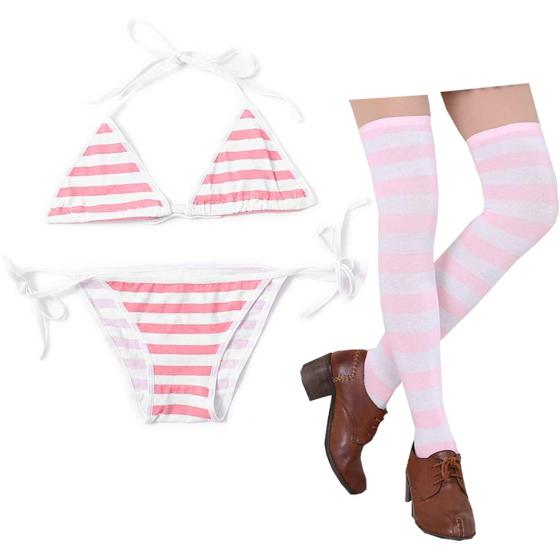 Oludkeph 3 PCS Sexy Japanese Cute Anime Lingerie Set for Women with Striped Thigh High Socks Bikini