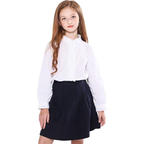 SOLOCOTE Girls White Blouse Ruffle Long Sleeve Button Down Shirts Princess Cotton Loose Soft Tops Spring and Summer 3-14Y