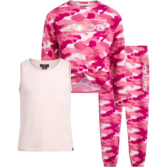 bebe Girls' Jogger Set - Active Fleece Pullover Sweatshirt, Sweatpants, and Tank Top