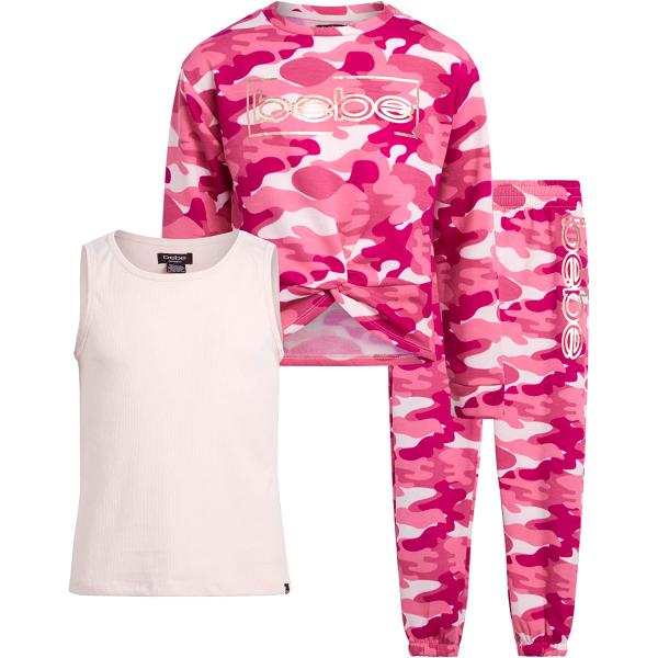 bebe Girls' Jogger Set - Active Fleece Pullover Sweatshirt, Sweatpants, and Tank Top