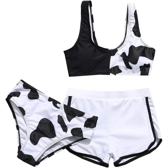 SOLY HUX Girl's 3 Piece Swimsuits Cow Print Bikini Bathing Suit with Shorts