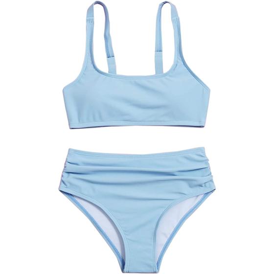 Romwe Girl's 2 Piece Swimsuit Sport Solid High Waist Bikini Set Bathing Suit