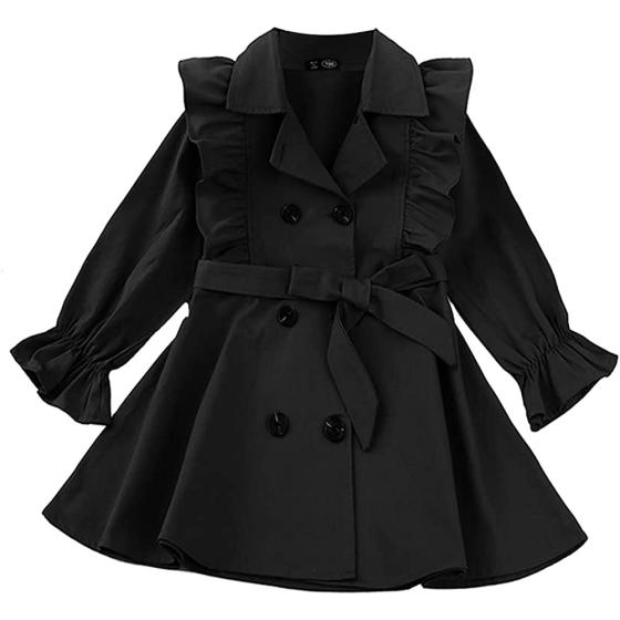 IZYJOY Toddler Baby Girl Fall Trench Coat Double Breasted Ruffle Trim Belted Winter Long Sleeve Casual Windbreaker Jacket